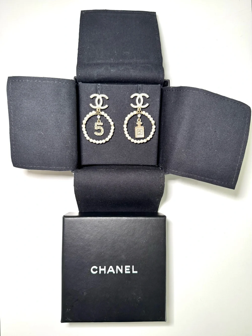 Chanel Crystal Pearl Chanel Charms CC Logo Drop Earrings in Gold W Box